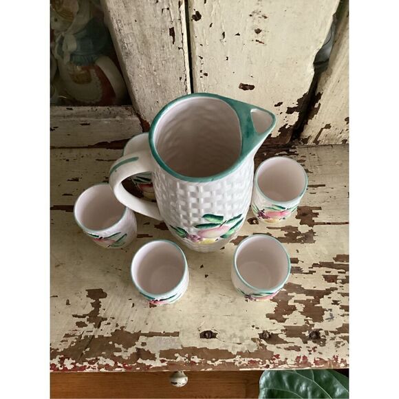 Vintage Mid-Century MCM Ceramic Pitcher and 5 Glasses Set Japan - Picture 2 of 12